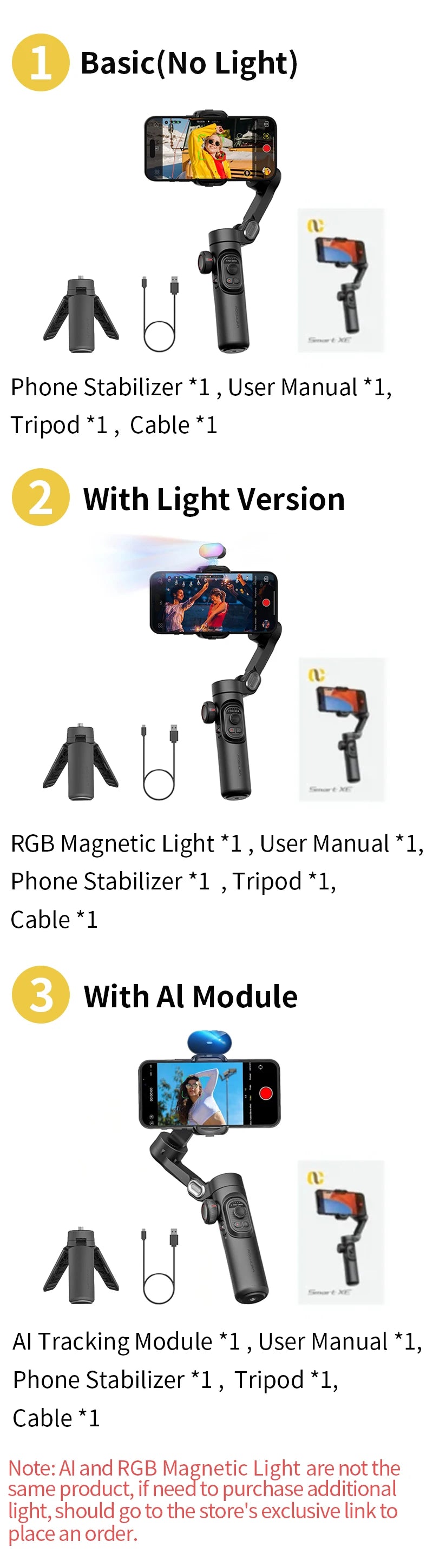 Stabilisateur Portatif AOCHUAN à 3 Axes pour Smartphone avec Lumière Intégrée – Suivi Facial – Compatible iPhone et Android – Pour TikTok, Vlog, Smart XE
