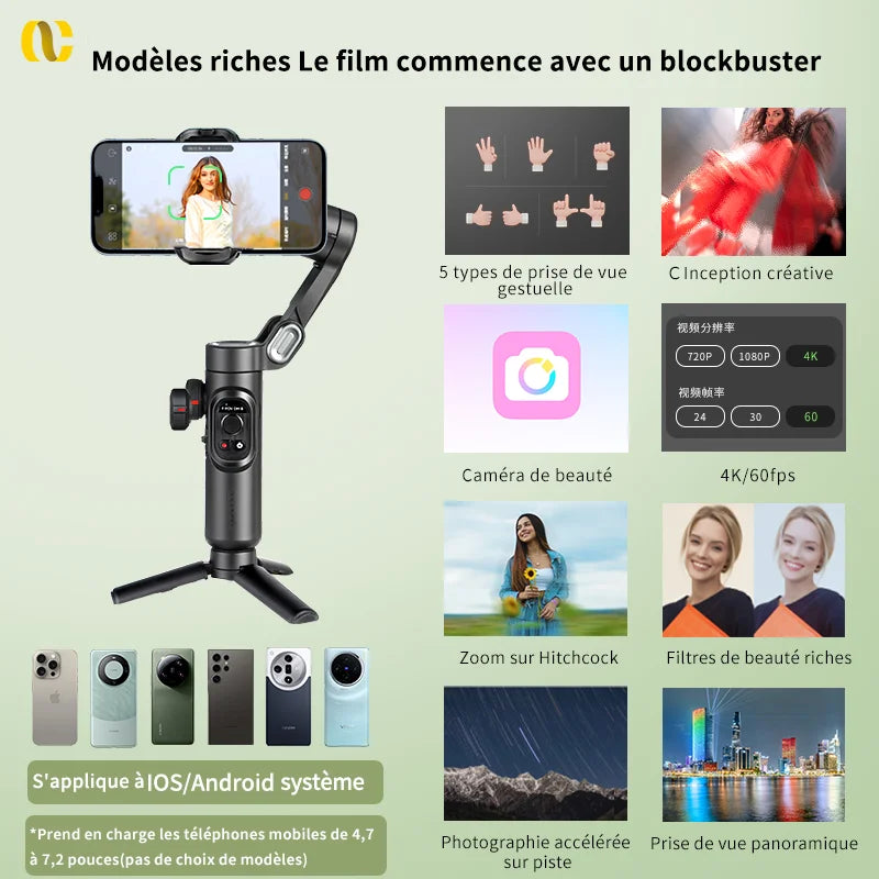 Stabilisateur Portatif AOCHUAN à 3 Axes pour Smartphone avec Lumière Intégrée – Suivi Facial – Compatible iPhone et Android – Pour TikTok, Vlog, Smart XE