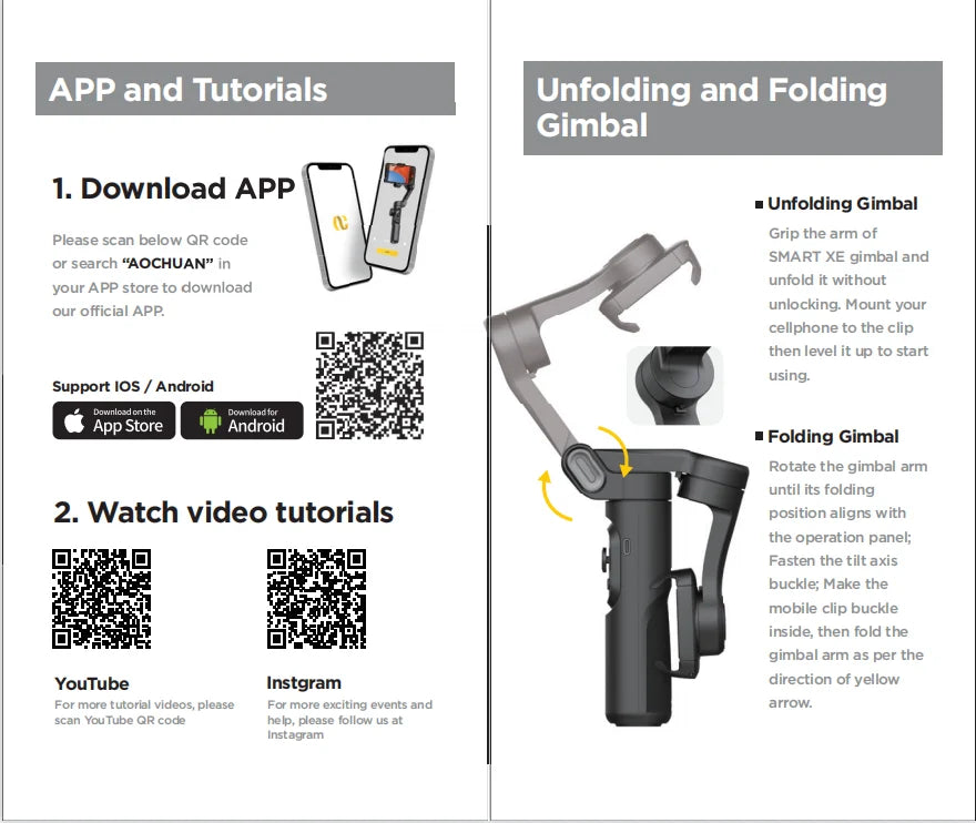 Stabilisateur Portatif AOCHUAN à 3 Axes pour Smartphone avec Lumière Intégrée – Suivi Facial – Compatible iPhone et Android – Pour TikTok, Vlog, Smart XE